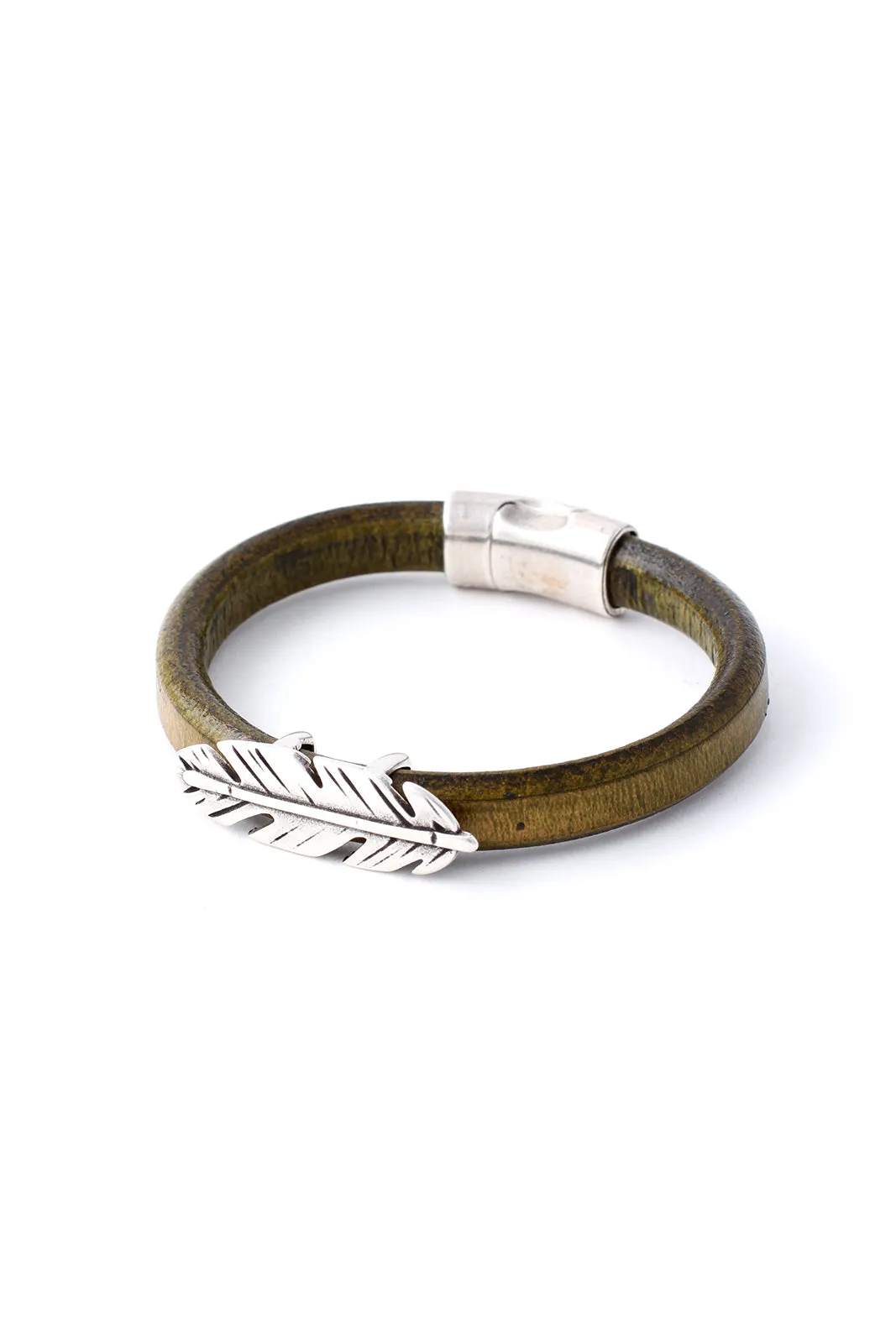 Olive Green Leather Station Bracelet with Pewter Feather Accent