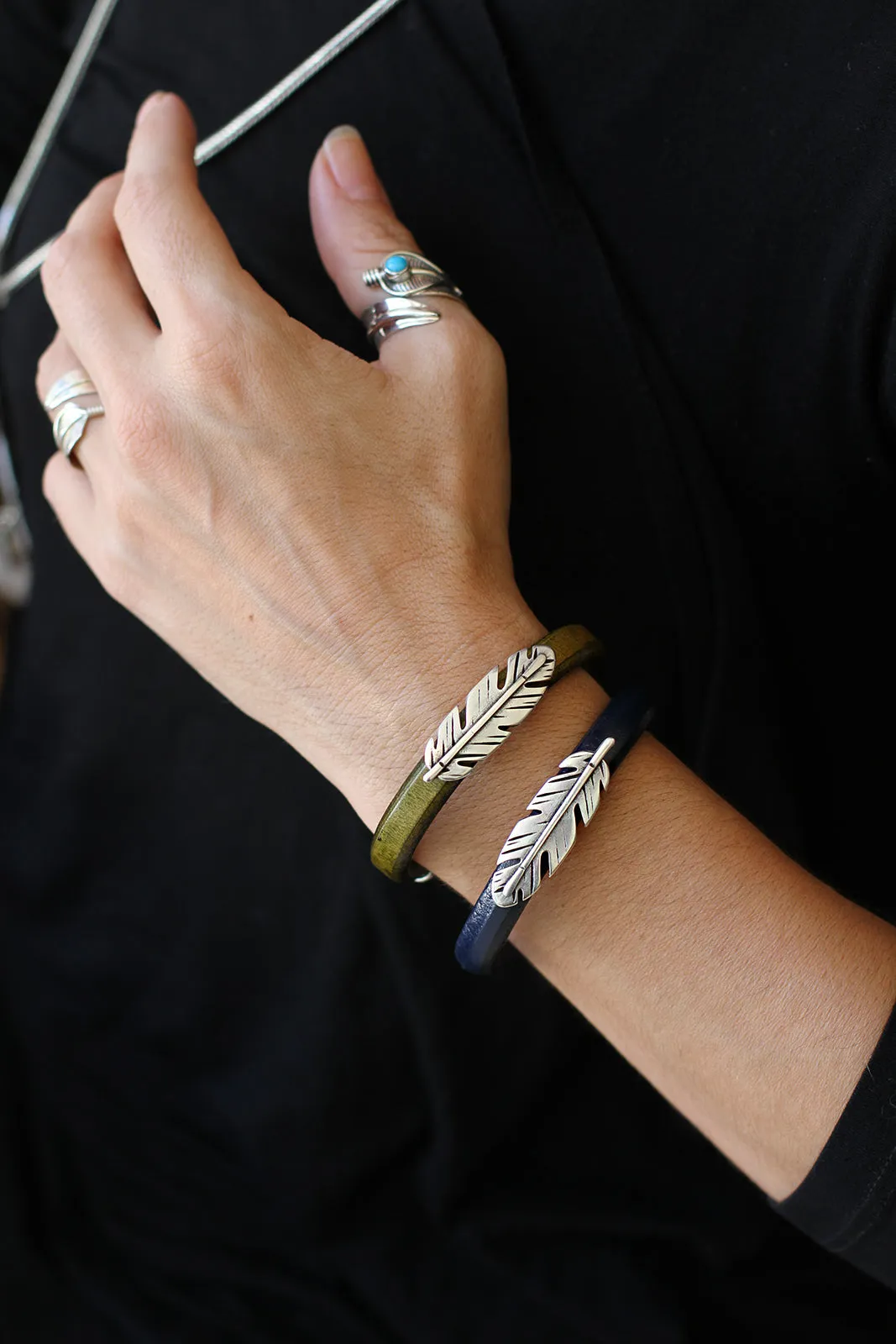 Olive Green Leather Station Bracelet with Pewter Feather Accent