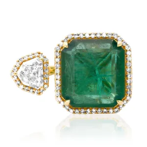One of A Kind Emerald Cut Emerald & Fancy Bullet Cut Toi et Moi RIng
