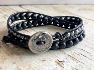 Onyx Bracelet - Onyx Leather Wrap - Black Leather Wrap - Onyx Jewelry - Men's Bracelet - Black Bracelet -  Men's Jewelry - Women's Jewelry
