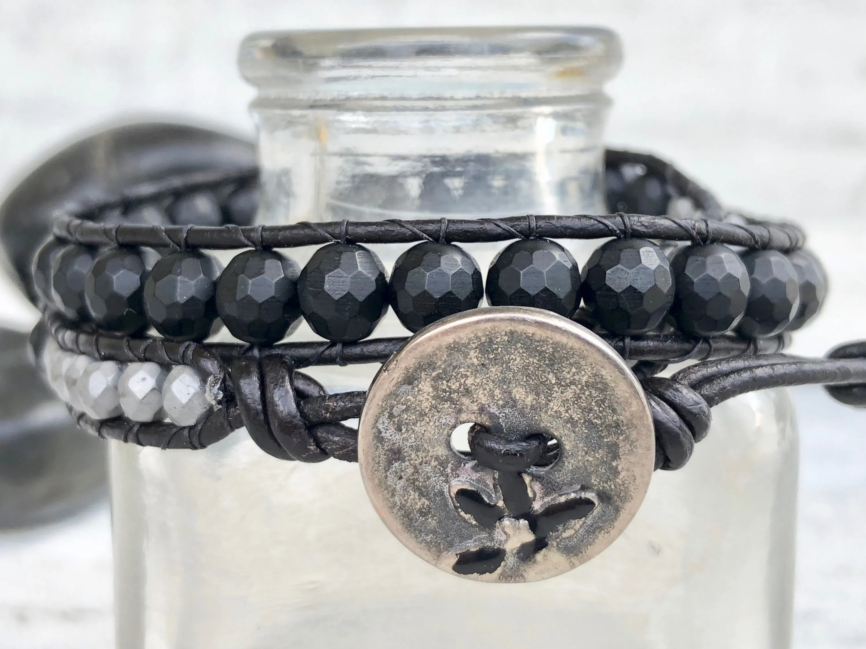 Onyx Bracelet - Onyx Leather Wrap - Black Leather Wrap - Onyx Jewelry - Men's Bracelet - Black Bracelet -  Men's Jewelry - Women's Jewelry