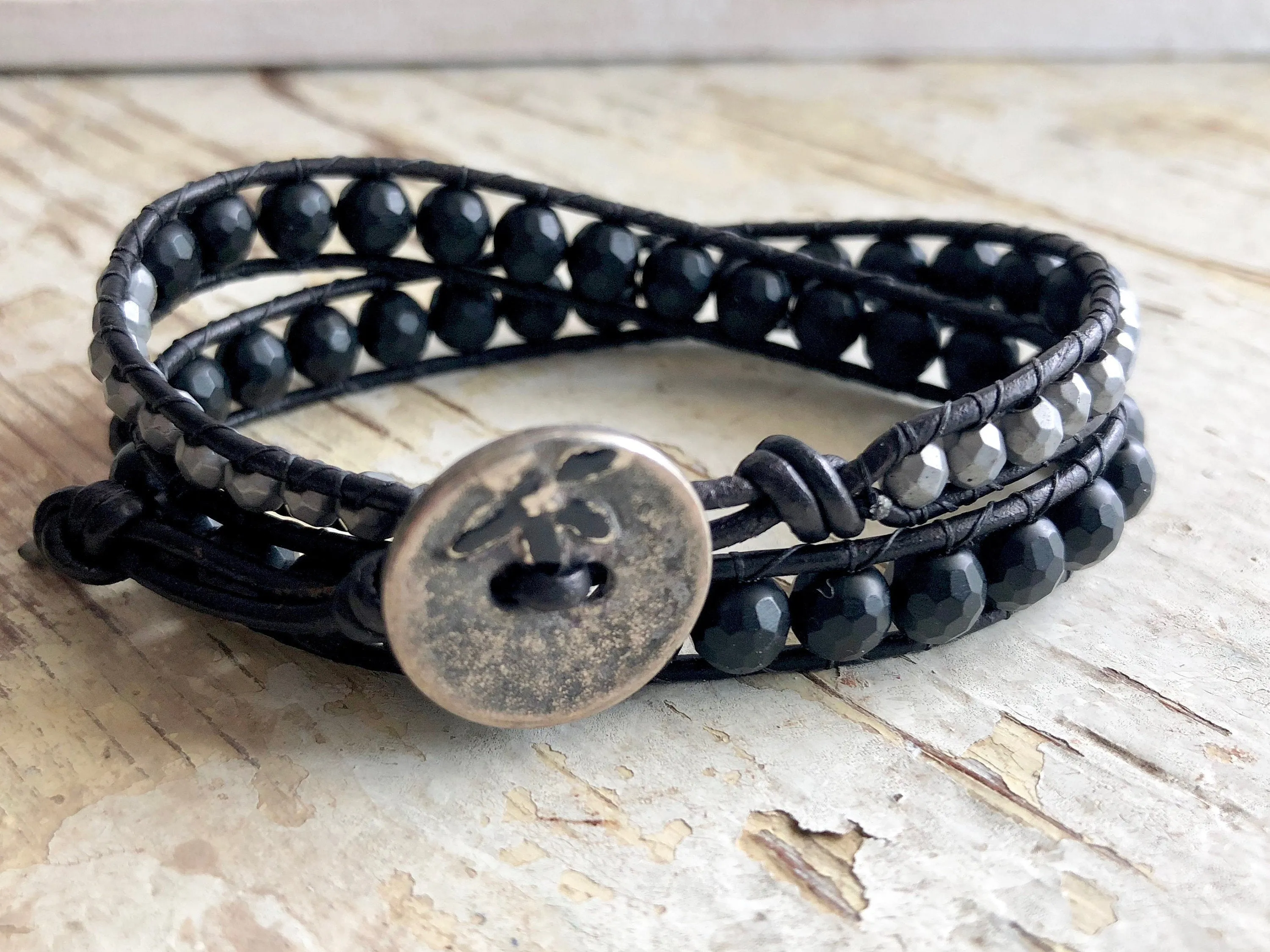 Onyx Bracelet - Onyx Leather Wrap - Black Leather Wrap - Onyx Jewelry - Men's Bracelet - Black Bracelet -  Men's Jewelry - Women's Jewelry