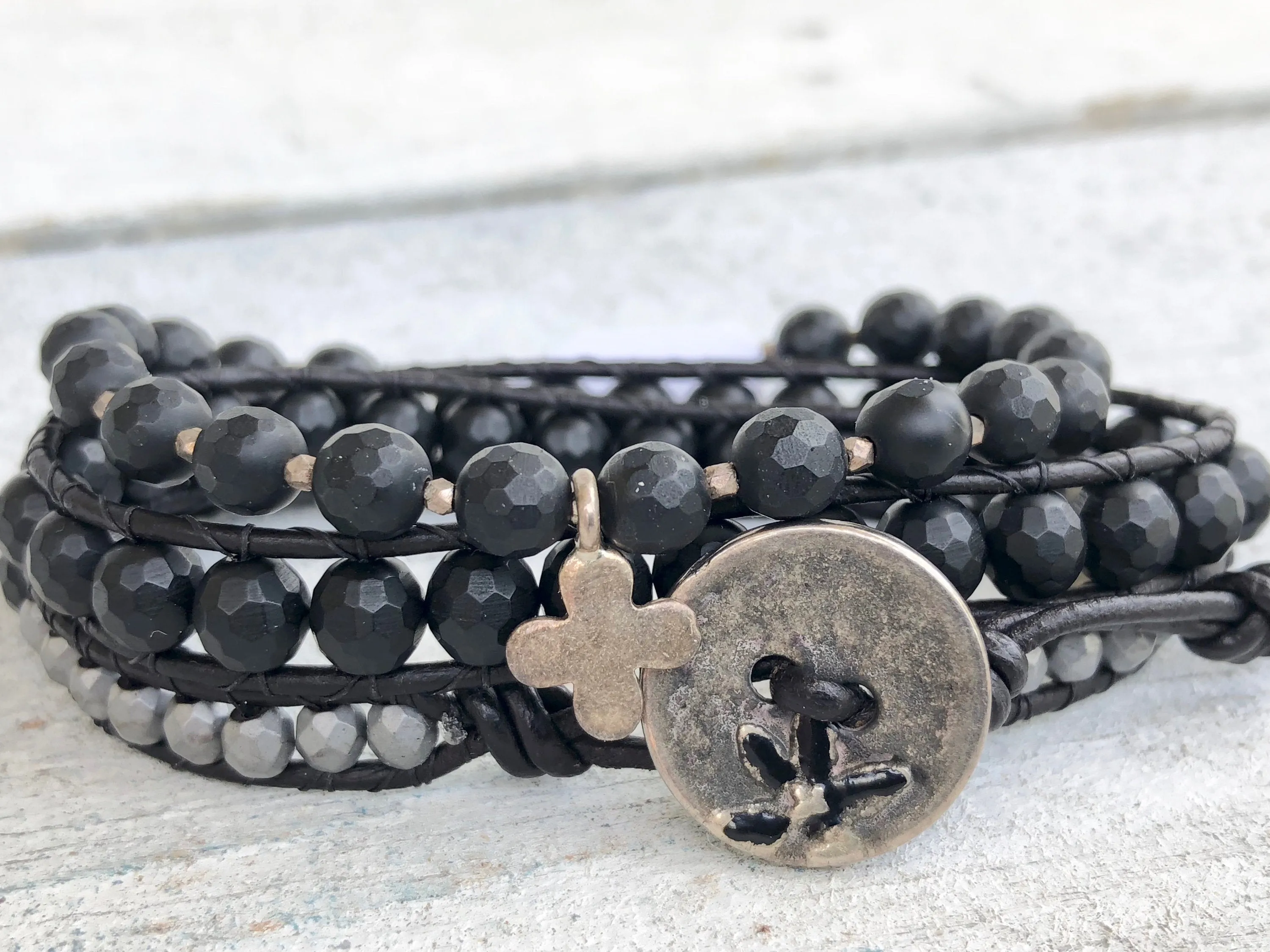 Onyx Bracelet - Onyx Leather Wrap - Black Leather Wrap - Onyx Jewelry - Men's Bracelet - Black Bracelet -  Men's Jewelry - Women's Jewelry