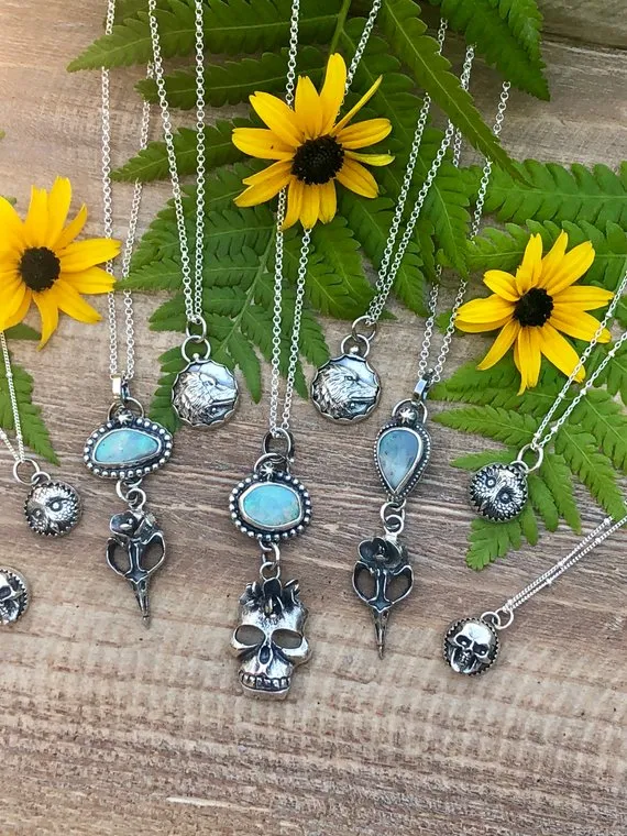 Opal Bird Skull with Succulent Necklace