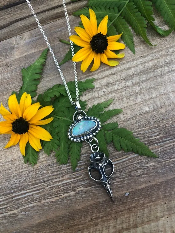 Opal Bird Skull with Succulent Necklace