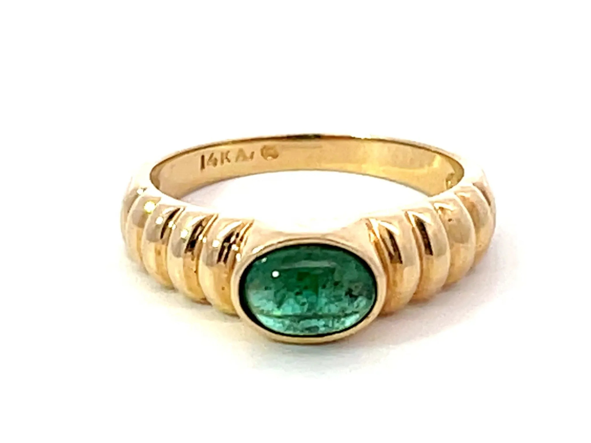 Oval Cabochon Green Emerald Ribbed Band Ring 14k Yellow Gold