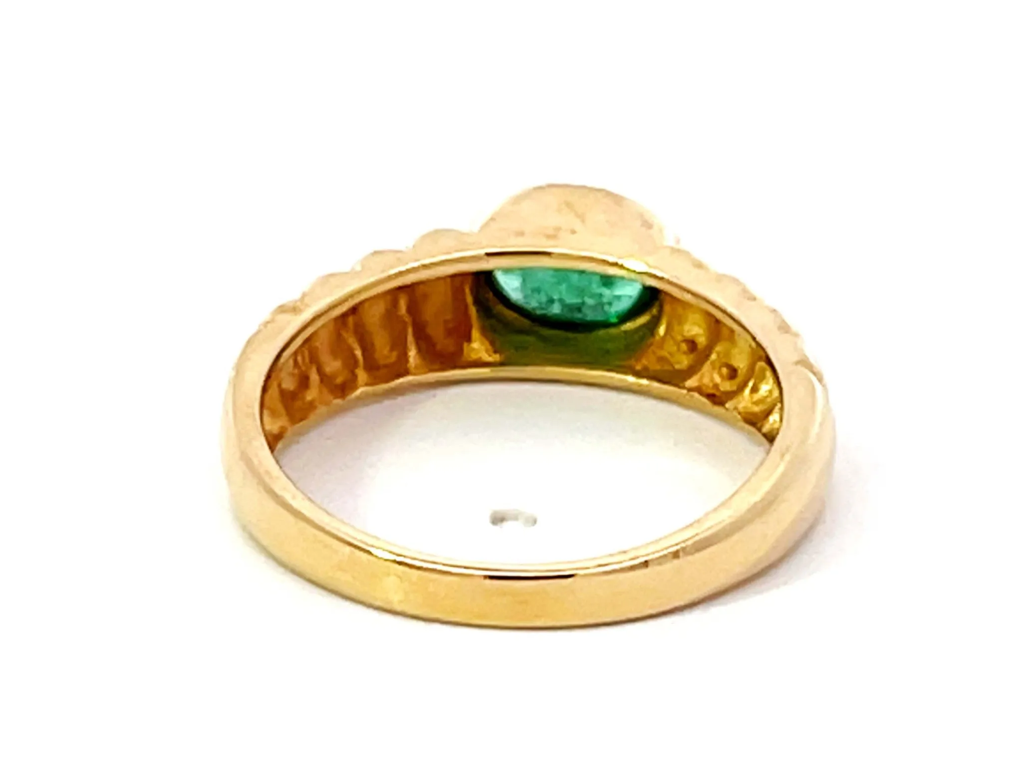 Oval Cabochon Green Emerald Ribbed Band Ring 14k Yellow Gold