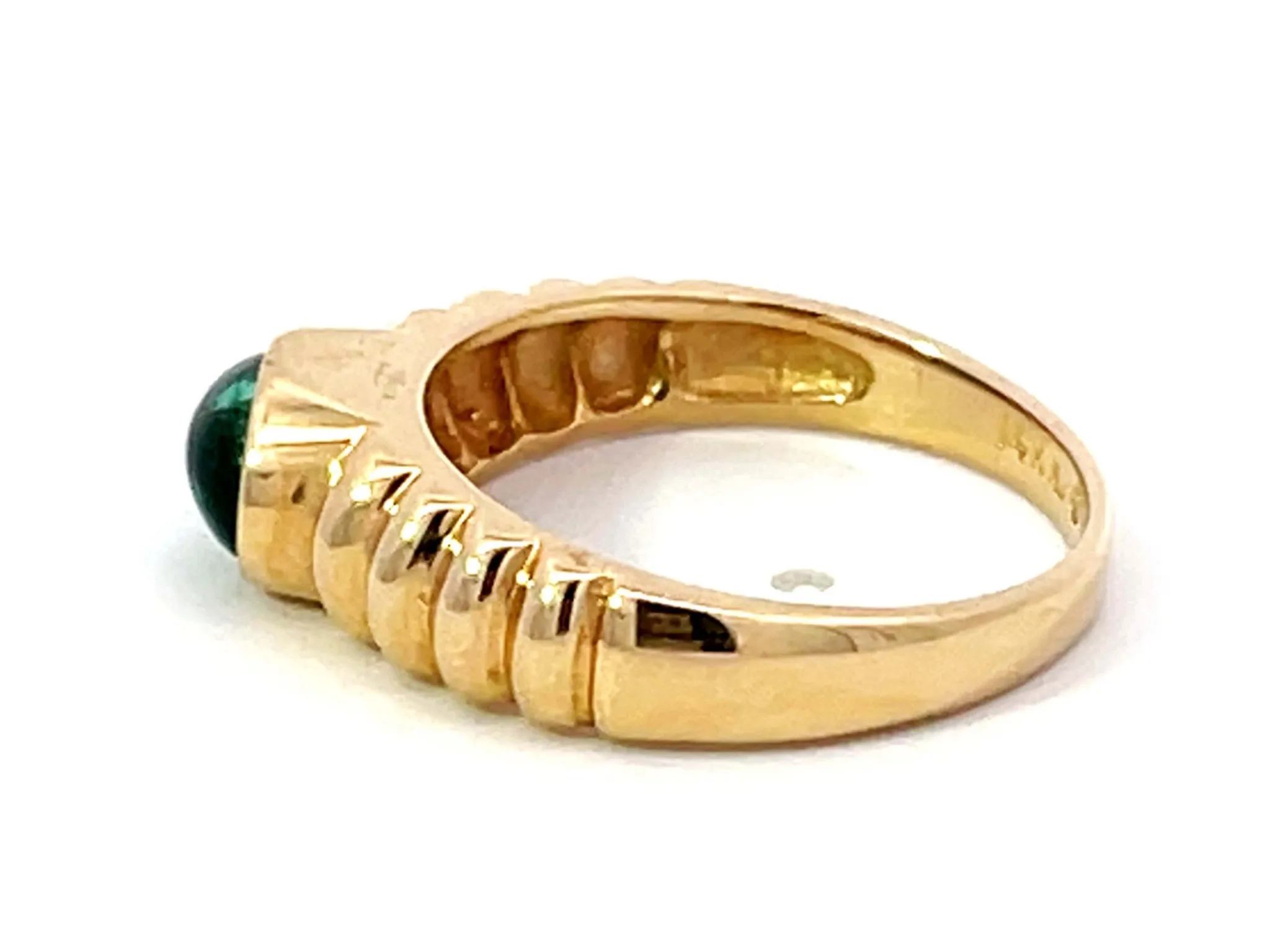 Oval Cabochon Green Emerald Ribbed Band Ring 14k Yellow Gold