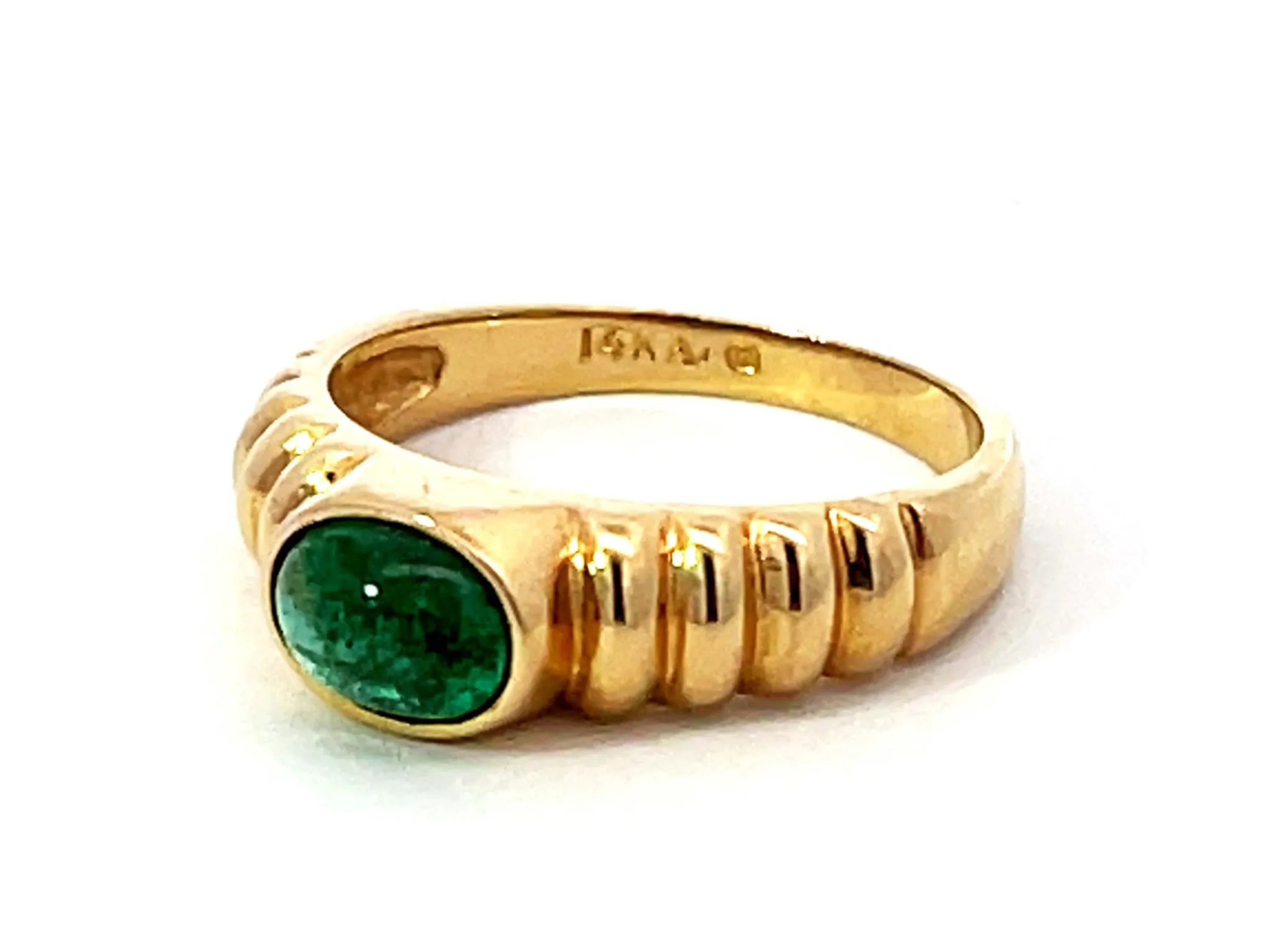 Oval Cabochon Green Emerald Ribbed Band Ring 14k Yellow Gold