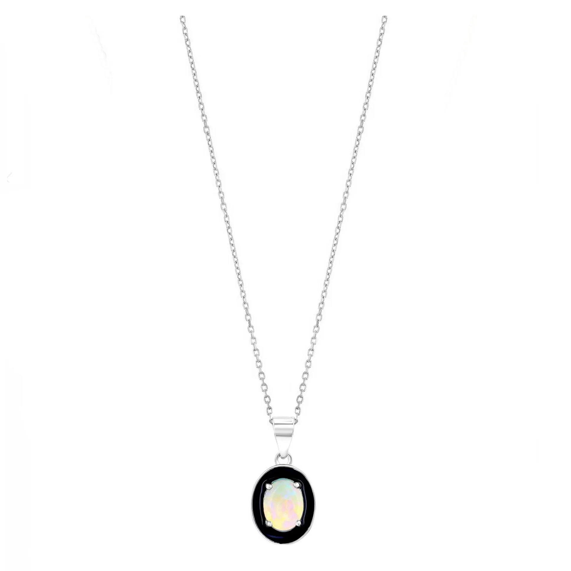 Oval-shaped Opal Black Enamel Necklace