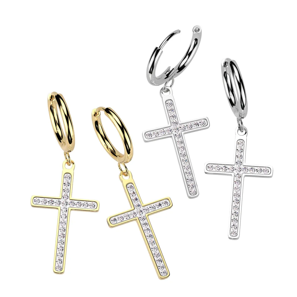 Pair of 316L Surgical Steel White CZ Dangly Cross Hoop Earrings