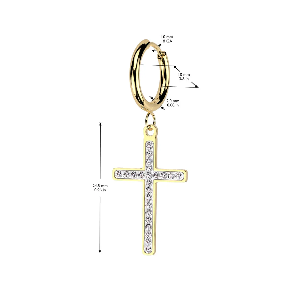 Pair of 316L Surgical Steel White CZ Dangly Cross Hoop Earrings