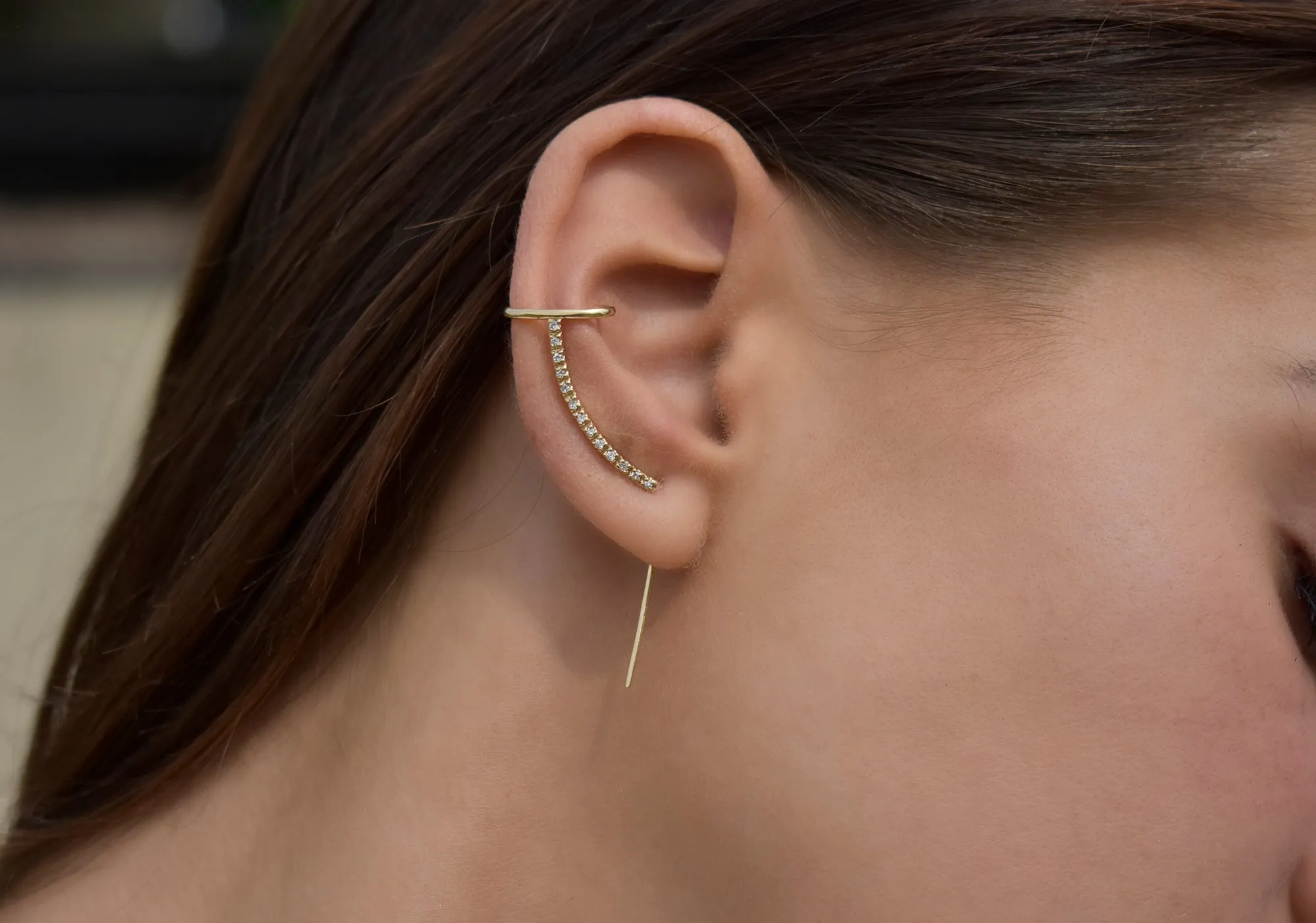Pave Diamond Cuff Needle Gold Earring