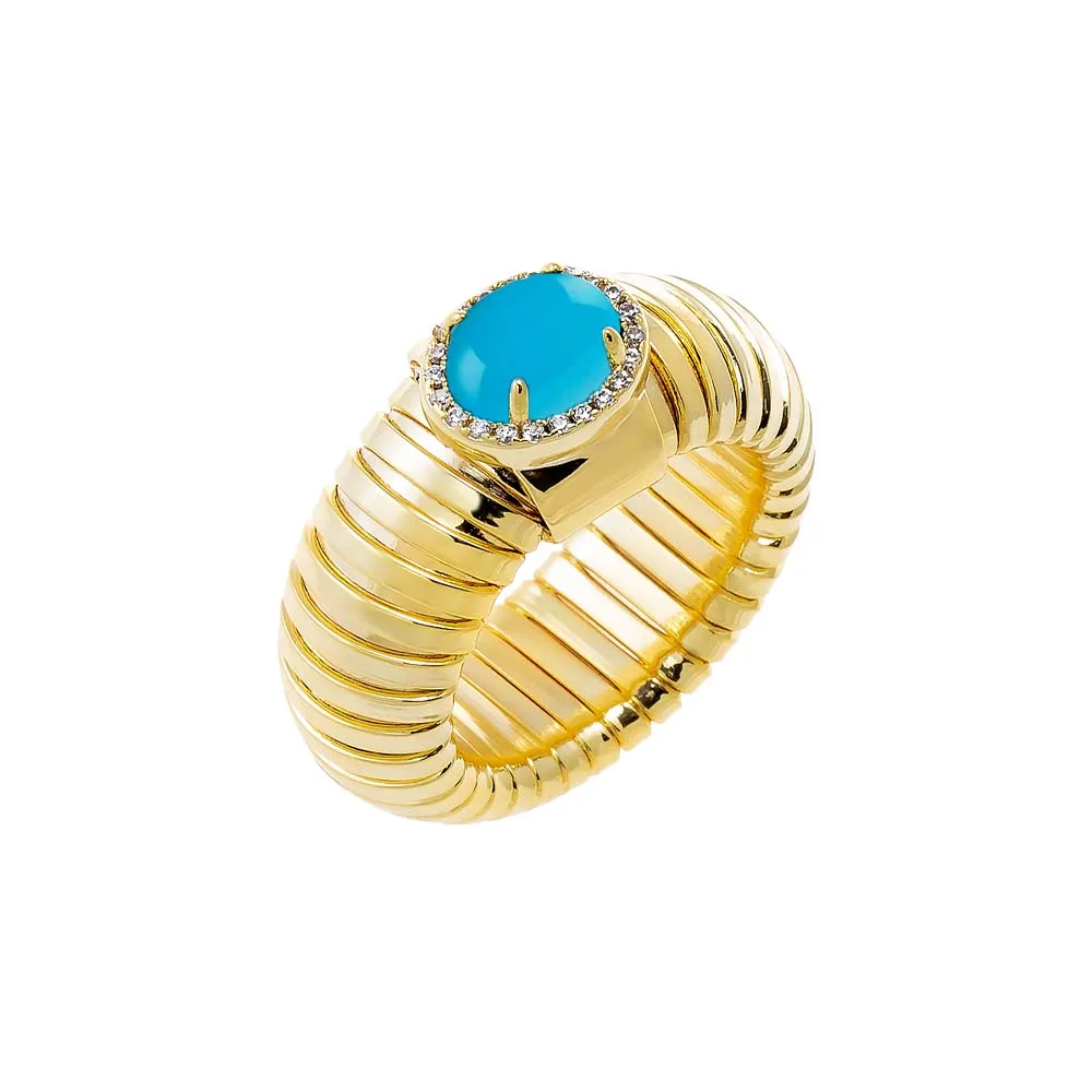 Pave Outlined Colored Stone Wide Ridged Band Ring