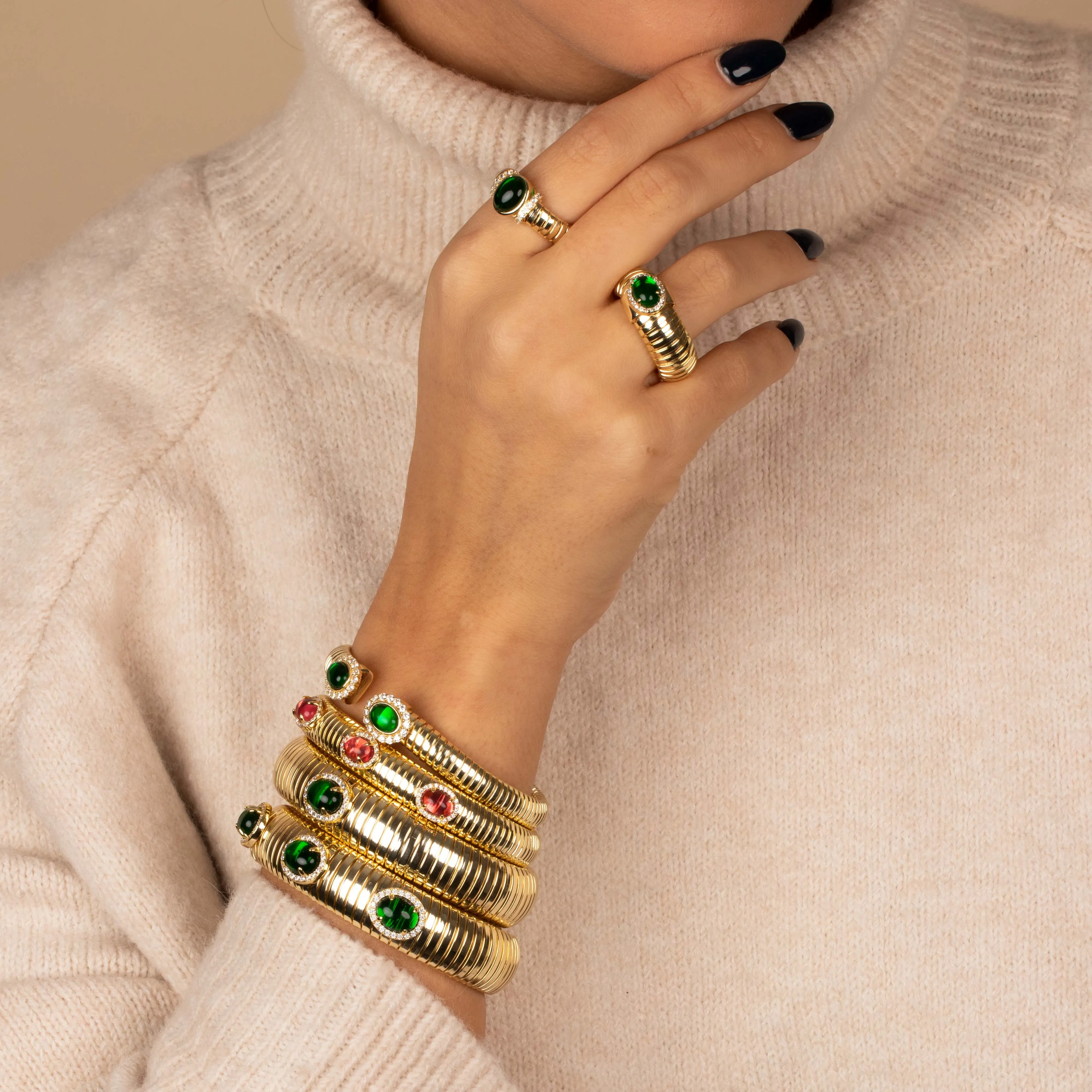 Pave Outlined Colored Stone Wide Ridged Band Ring