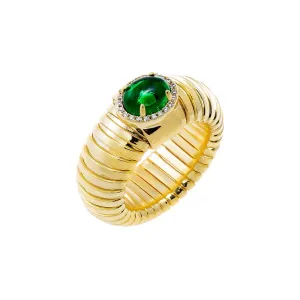 Pave Outlined Colored Stone Wide Ridged Band Ring