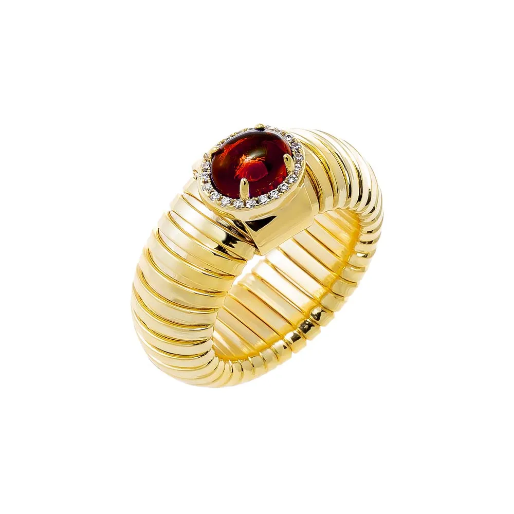 Pave Outlined Colored Stone Wide Ridged Band Ring