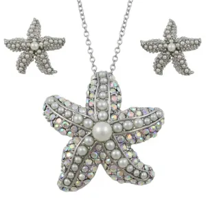 Pearl and Crystal Starfish Necklace and Earring Gift Set - PT337PBS