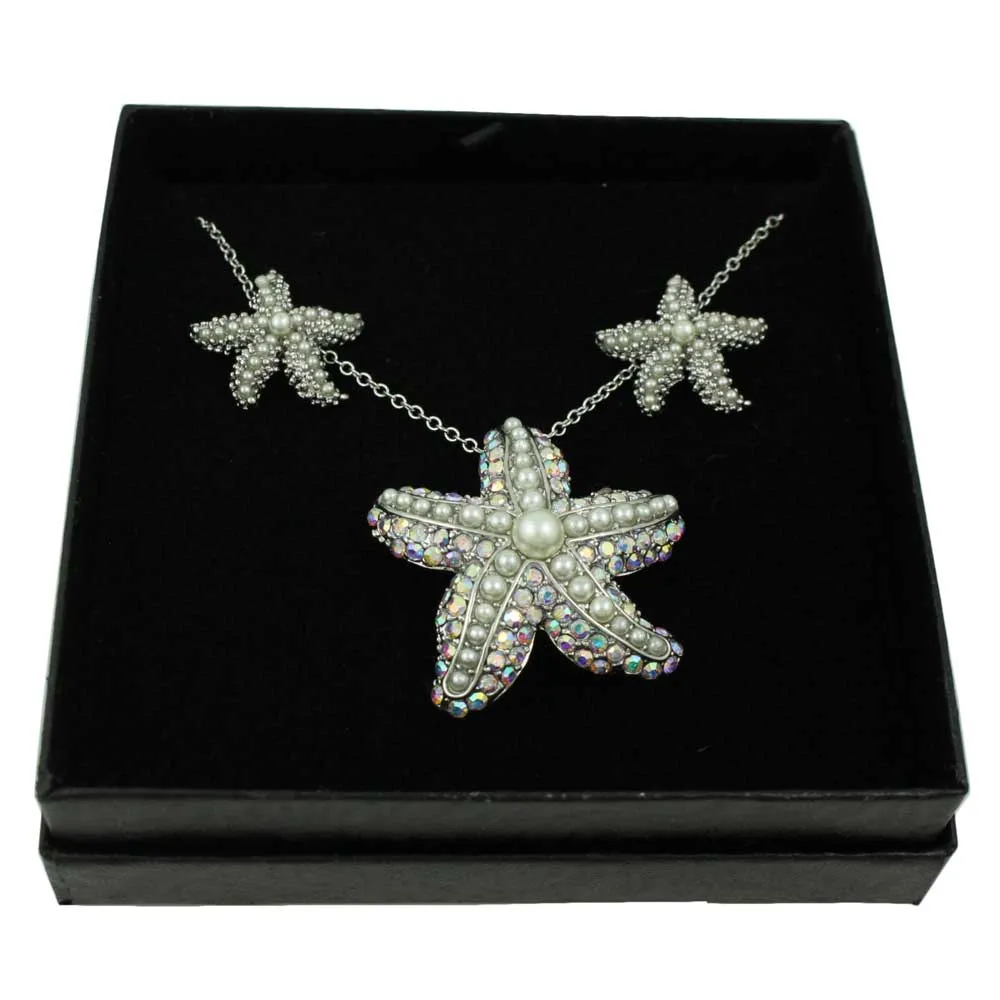 Pearl and Crystal Starfish Necklace and Earring Gift Set - PT337PBS