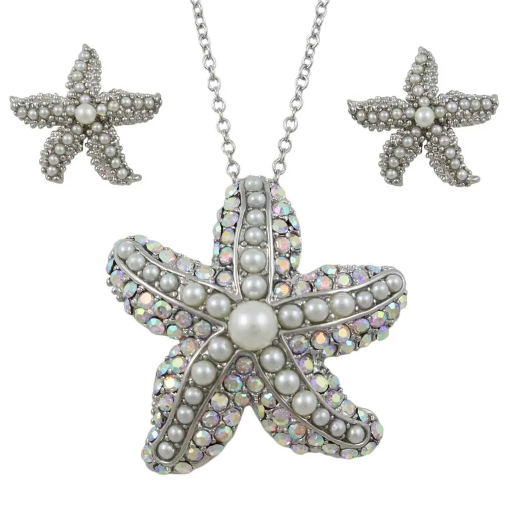 Pearl and Crystal Starfish Necklace and Earring Gift Set - PT337PBS