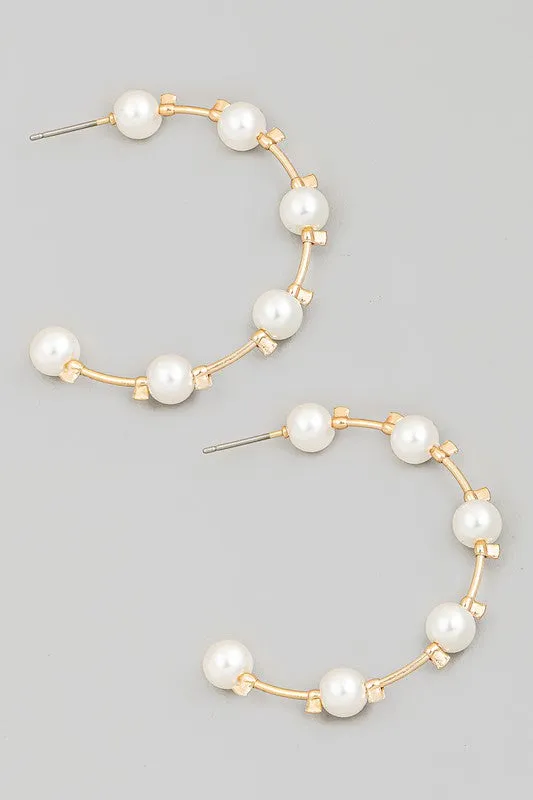 Pearl Post Hoop Earrings - Gold
