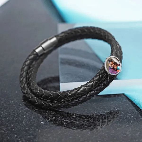 Photo Engraved Black Leather Rope Bracelet w/ Round Charm Jewelry