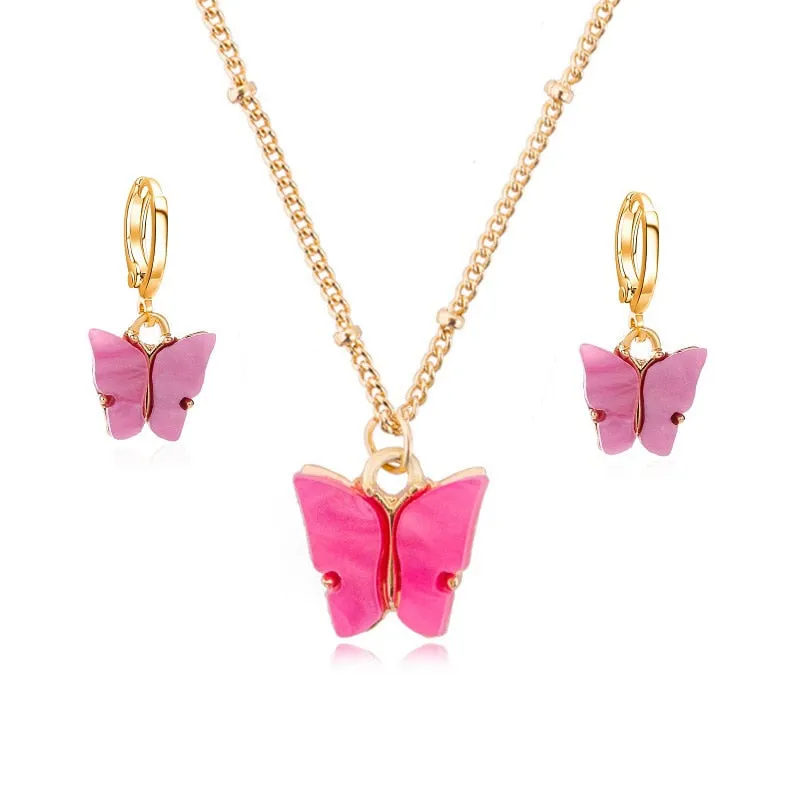 Pink Butterfly Jewelry Set Earrings Pendant Necklaces For Women Jewelry
