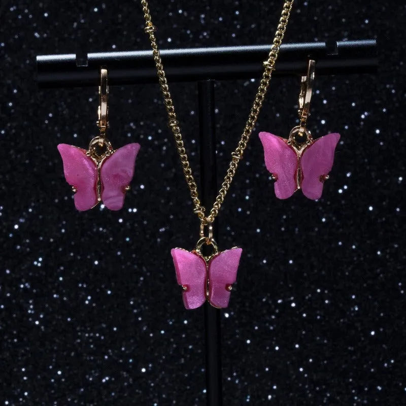 Pink Butterfly Jewelry Set Earrings Pendant Necklaces For Women Jewelry