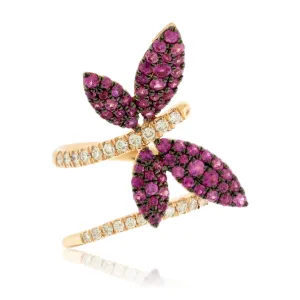 Pink Sapphire Winged Butterfly or Dragonfly & Diamond Ring