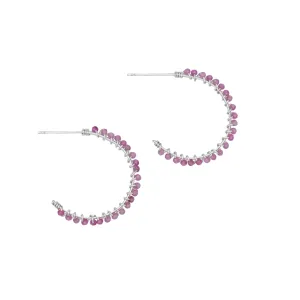 Pink Tourmaline Beaded Hoop Earrings in Sterling Silver - 1" Diameter