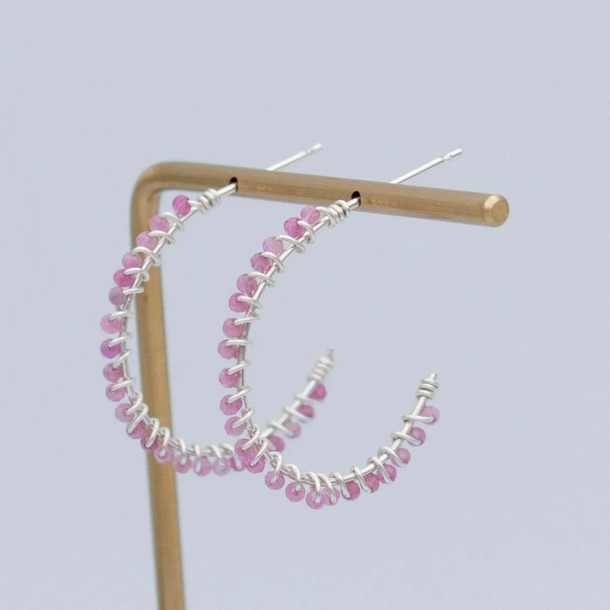 Pink Tourmaline Beaded Hoop Earrings in Sterling Silver - 1" Diameter