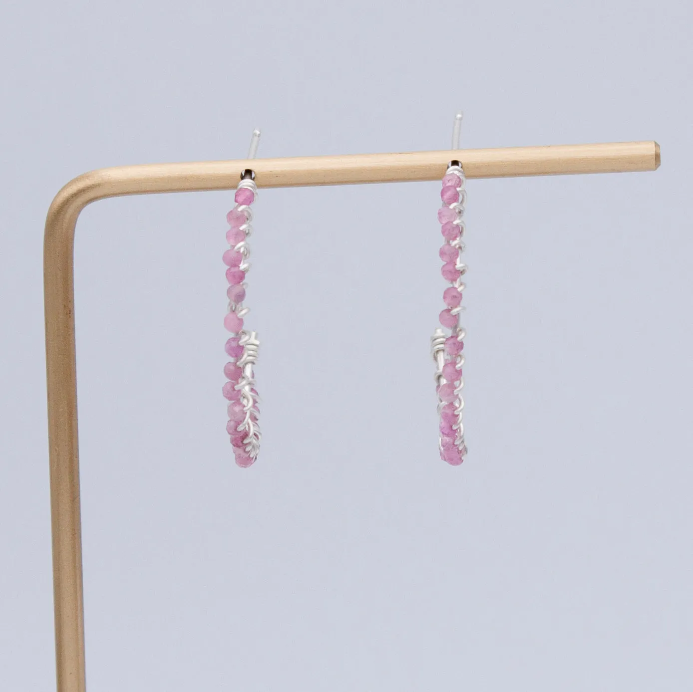Pink Tourmaline Beaded Hoop Earrings in Sterling Silver - 1" Diameter