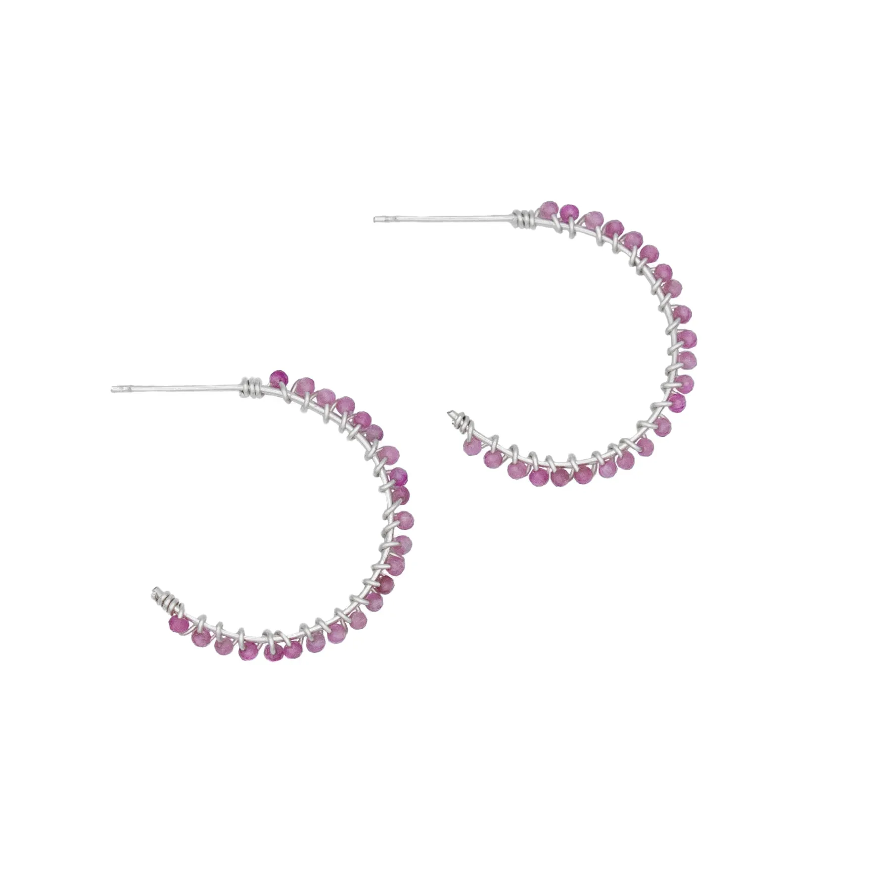 Pink Tourmaline Beaded Hoop Earrings in Sterling Silver - 1" Diameter