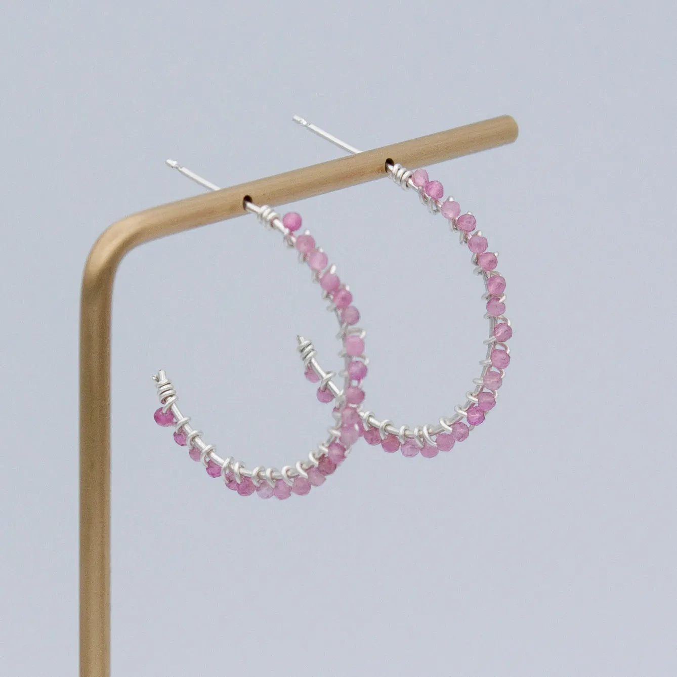 Pink Tourmaline Beaded Hoop Earrings in Sterling Silver - 1" Diameter