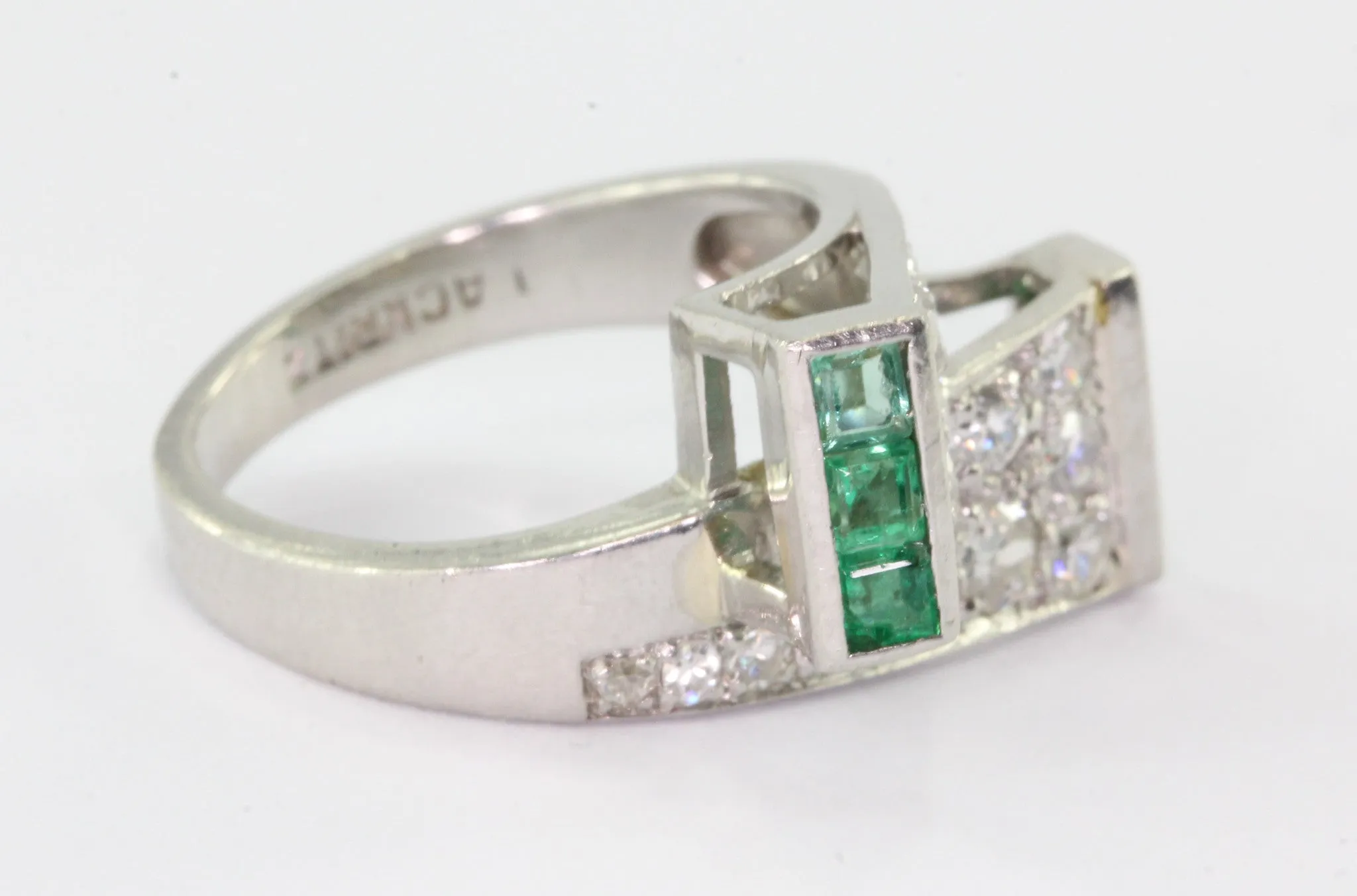 Platinum Paul Lackritz and Co. Art Deco Diamond and Emerald Ring 1930's