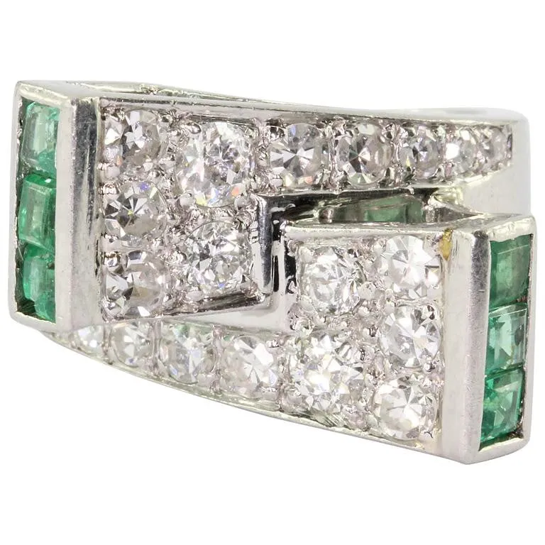 Platinum Paul Lackritz and Co. Art Deco Diamond and Emerald Ring 1930's