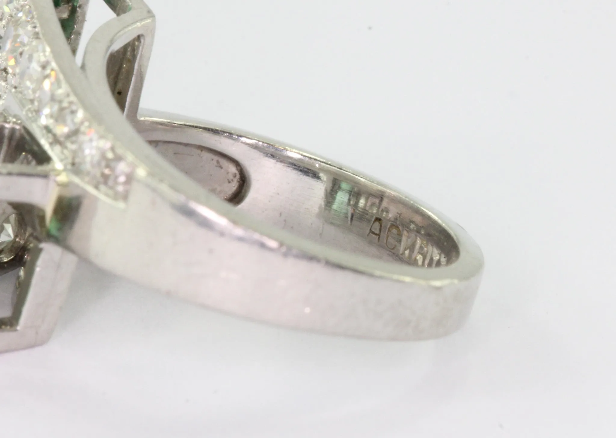 Platinum Paul Lackritz and Co. Art Deco Diamond and Emerald Ring 1930's