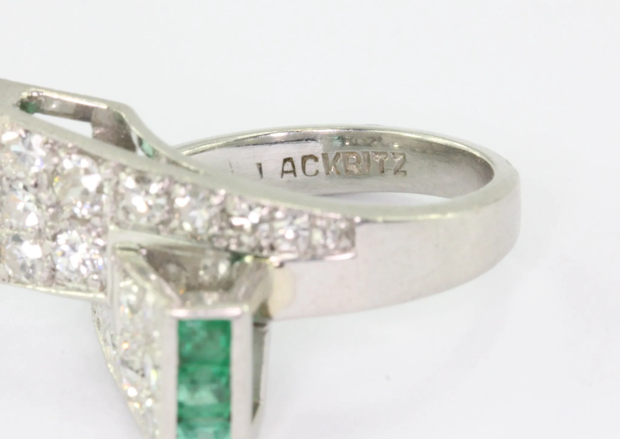 Platinum Paul Lackritz and Co. Art Deco Diamond and Emerald Ring 1930's