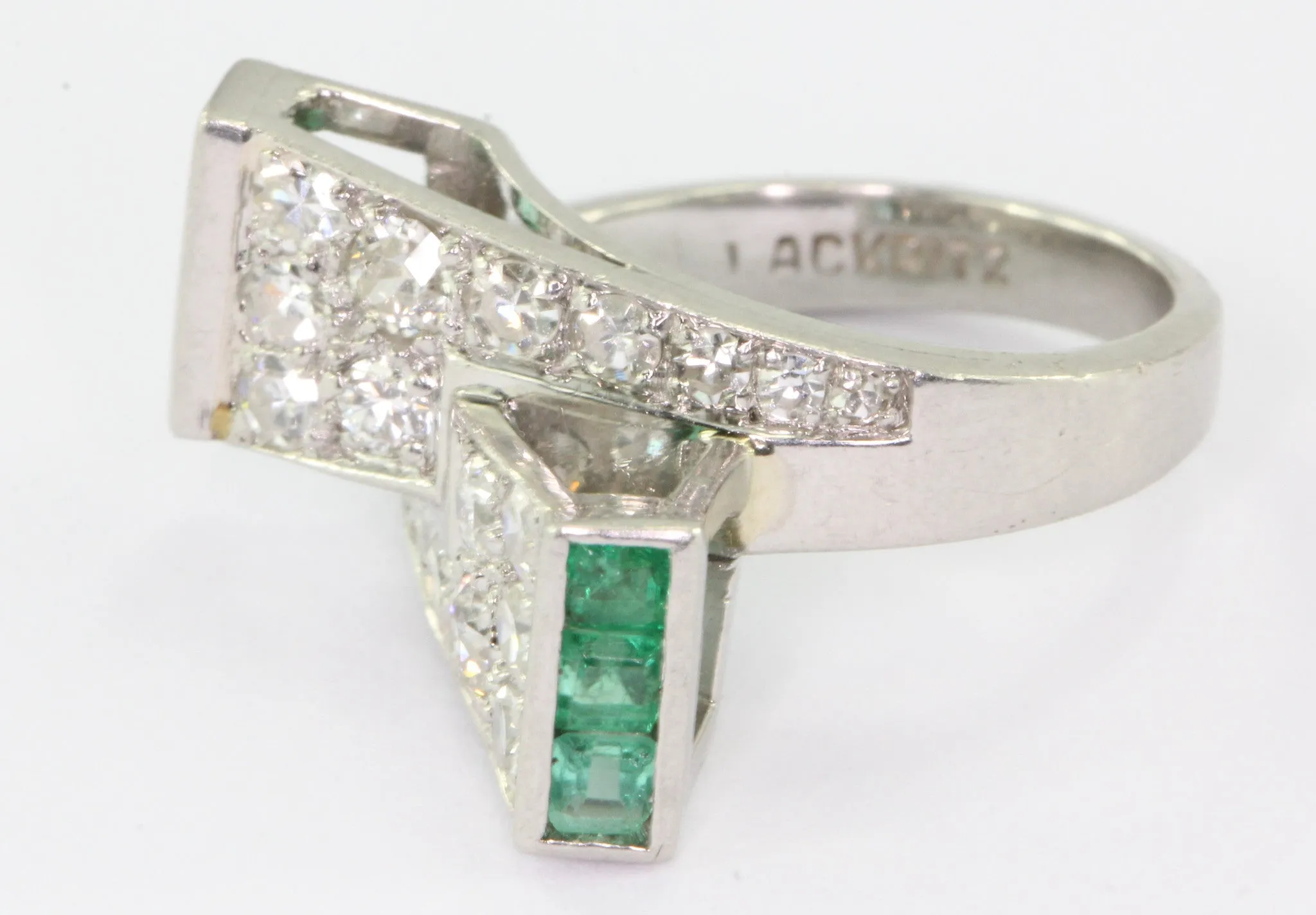 Platinum Paul Lackritz and Co. Art Deco Diamond and Emerald Ring 1930's