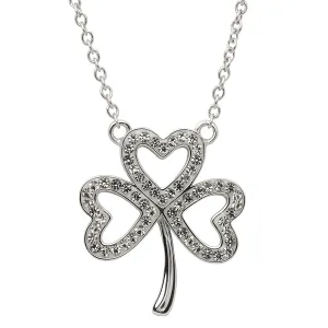 Platinum Plated Open Shamrock necklace With Clear Crystal