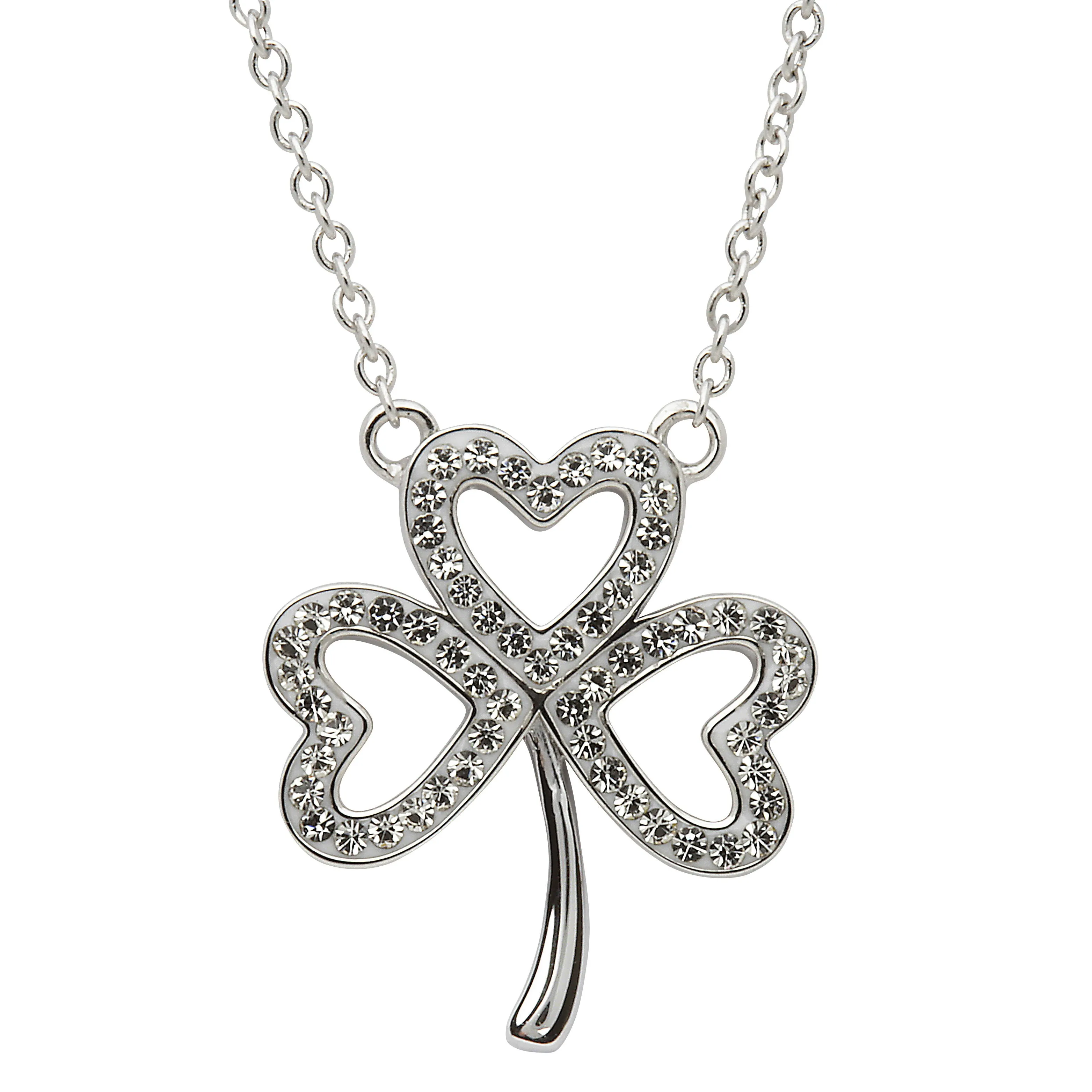Platinum Plated Open Shamrock necklace With Clear Crystal