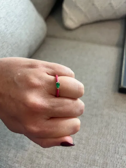 Quinn Ring: Fuchsia Enamel/14K Yellow Gold- Emerald, Size 6.5