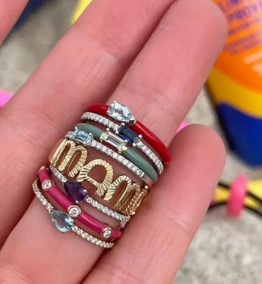 Quinn Ring: Fuchsia Enamel/14K Yellow Gold- Emerald, Size 6.5