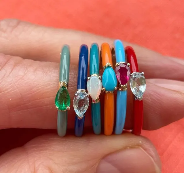 Quinn Ring: Fuchsia Enamel/14K Yellow Gold- Emerald, Size 6.5