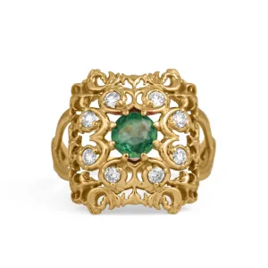 "Ornamental" Ring with Faceted Emerald and Diamonds in 18K Yellow Gold