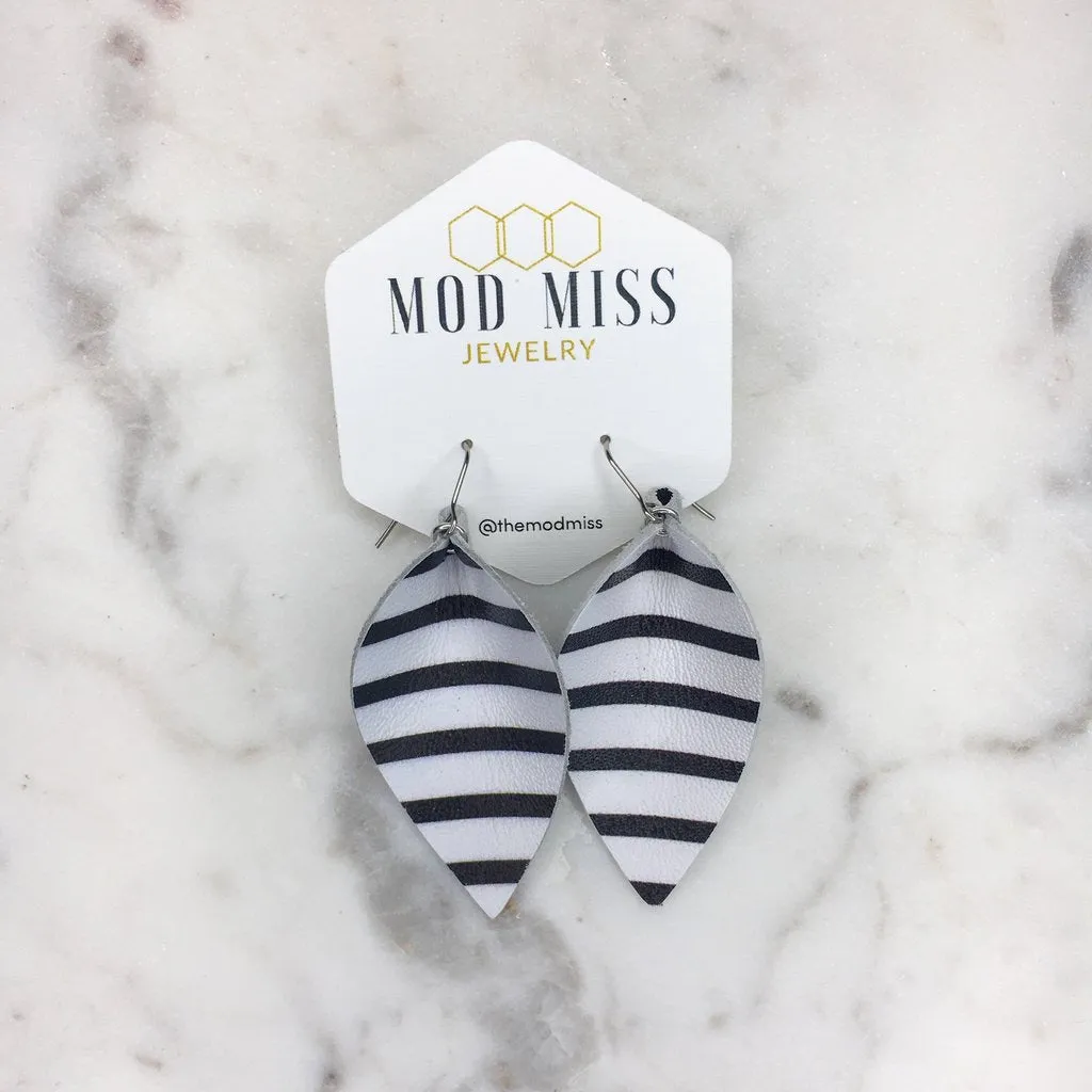 "Slammer" Black   White Striped Leather "Jo" Petal Earrings