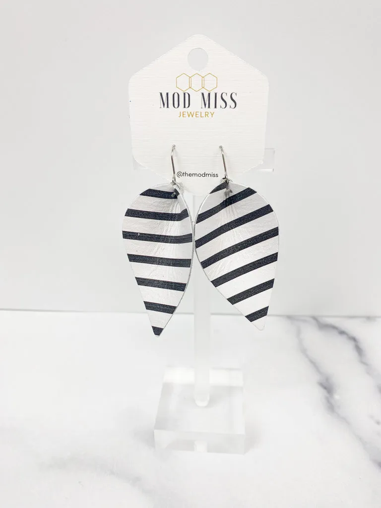 "Slammer" Black   White Striped Leather "Jo" Petal Earrings