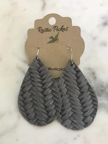 "Willow" Dark Gray Fishtail Braided Italian Leather Teardop Earrings