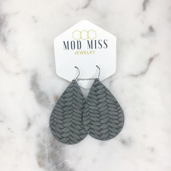 "Willow" Dark Gray Fishtail Braided Italian Leather Teardop Earrings