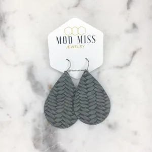 "Willow" Dark Gray Fishtail Braided Italian Leather Teardop Earrings